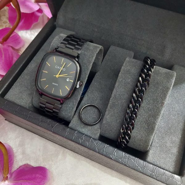 ساعت مچی مردانه کاسیو Casio مشکی همراه دستبند و حلقه انگشتر